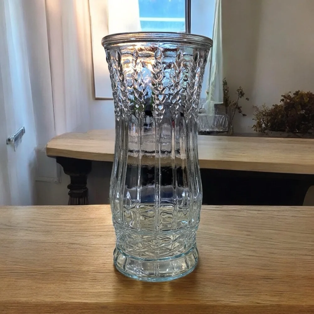 Vintage E.O. Brody Co. Clear Glass Wheat Stalk Flower Vase Mid-Century Modern